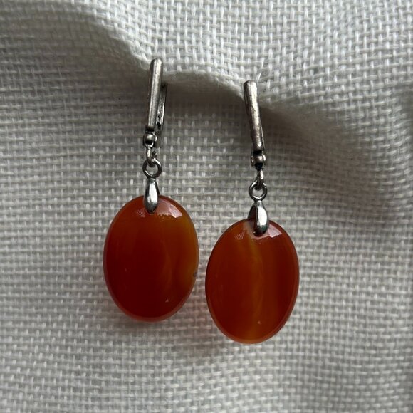 Vintage Carnelian Oval Drop Earrings Silver Tone Hook Dangle Jewelry Gift - Picture 1 of 3